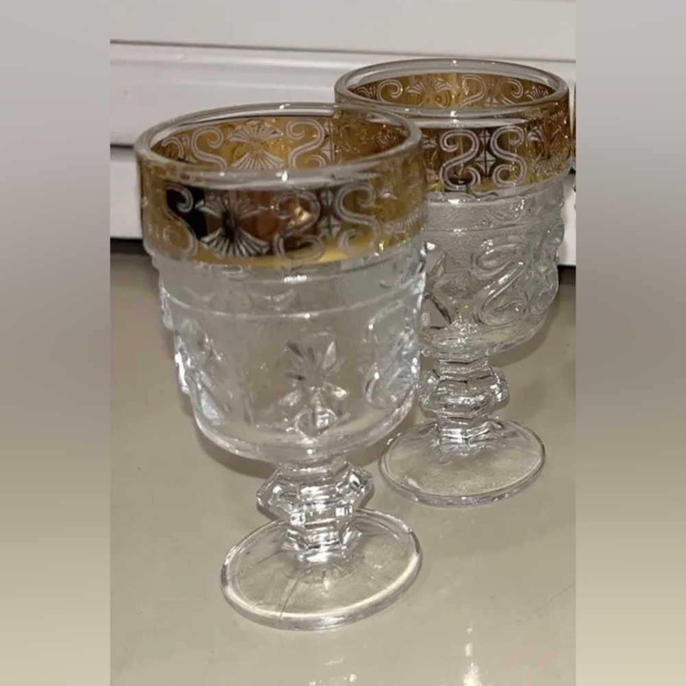 VINTAGE ITALIAN RETRO GLASS CORDIALS CLEAR GOLD Band Pair of 2